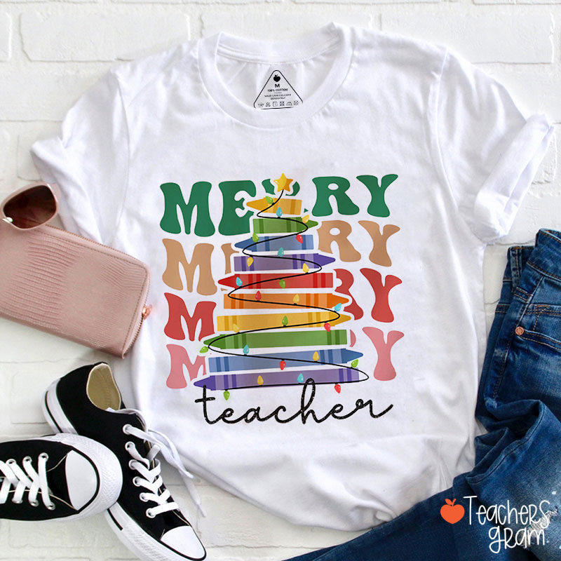 Merry Pencil Christmas Tree Teacher T-Shirt