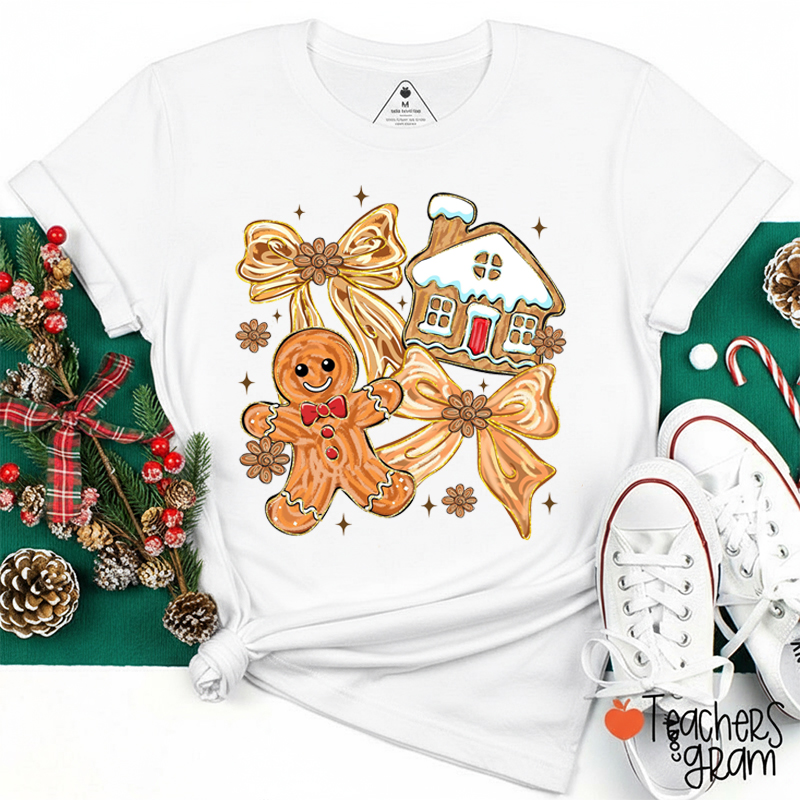 Gingerbread Christmas Coquette Bow Teacher T-Shirt