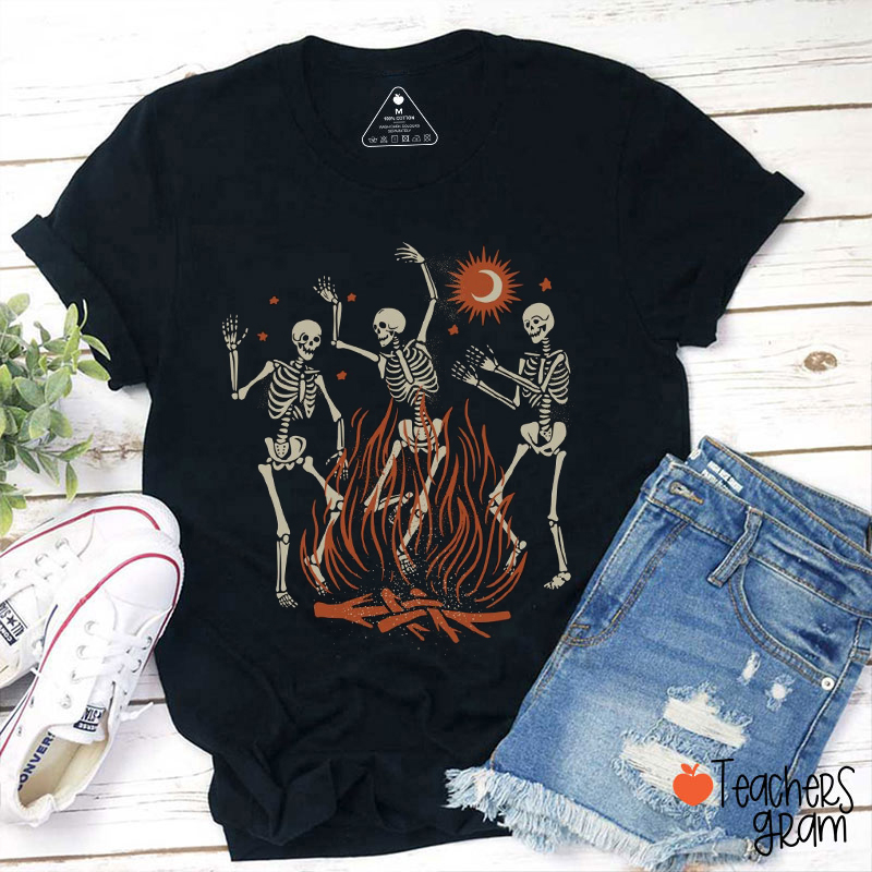 Burning Dancing Skeleton Teacher T-Shirt