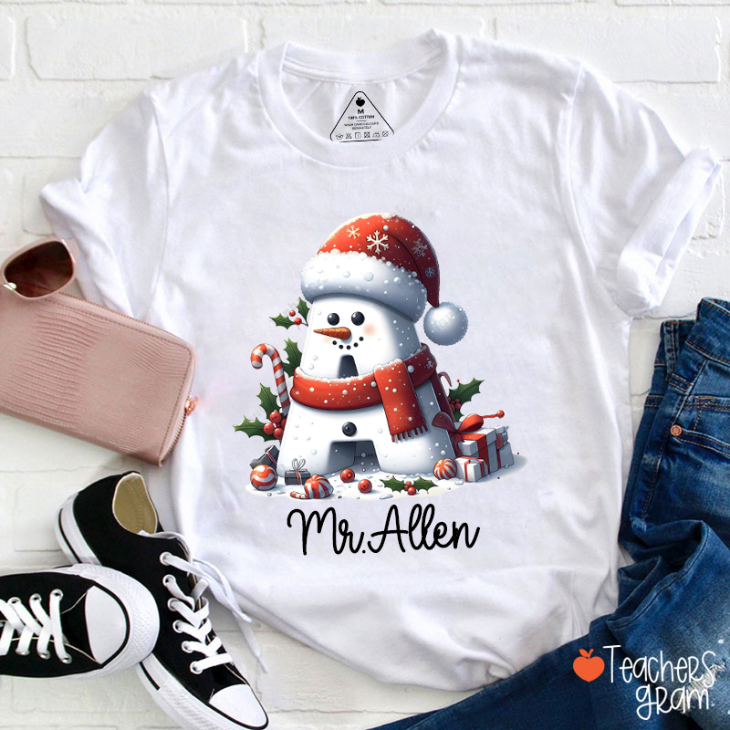 Personalized Name Snowman Alphabet Teacher T-Shirt
