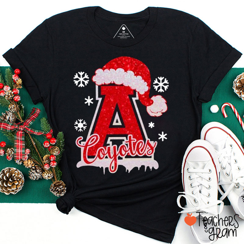 Personalized Name And Initial Santa Hat Snowflake Teacher T-Shirt