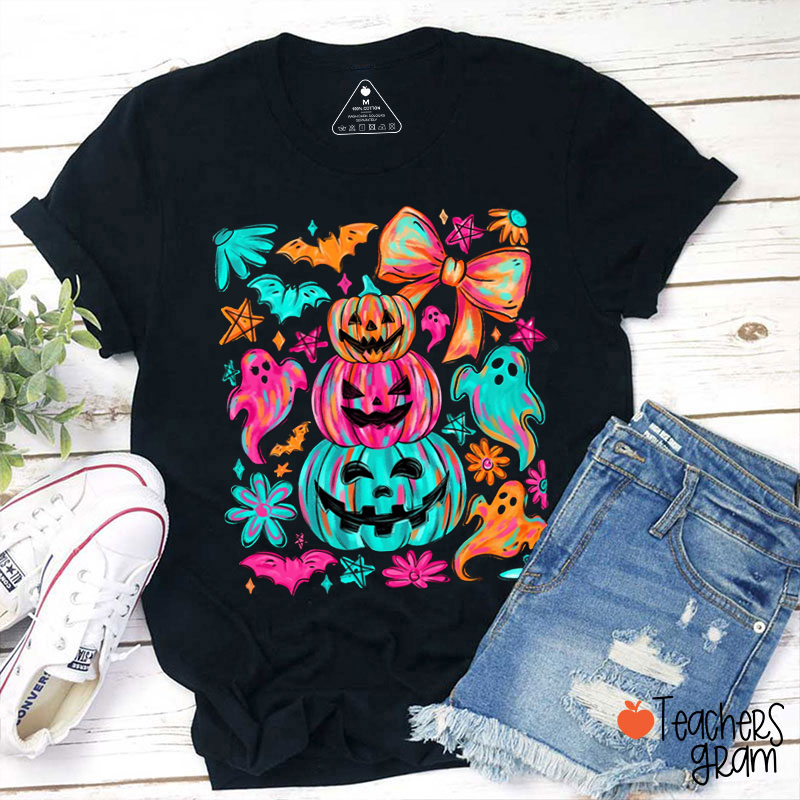 Preppy Neon Halloween Pumpkin Ghost Teacher T-Shirt