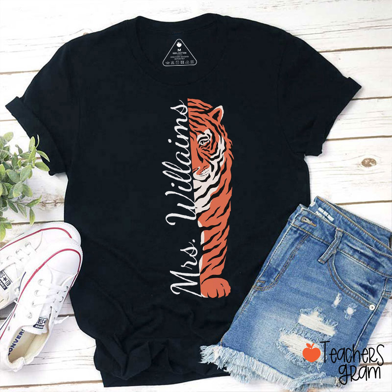 Personalized Name Vertical Tiger Mascot Teacher T-Shirt
