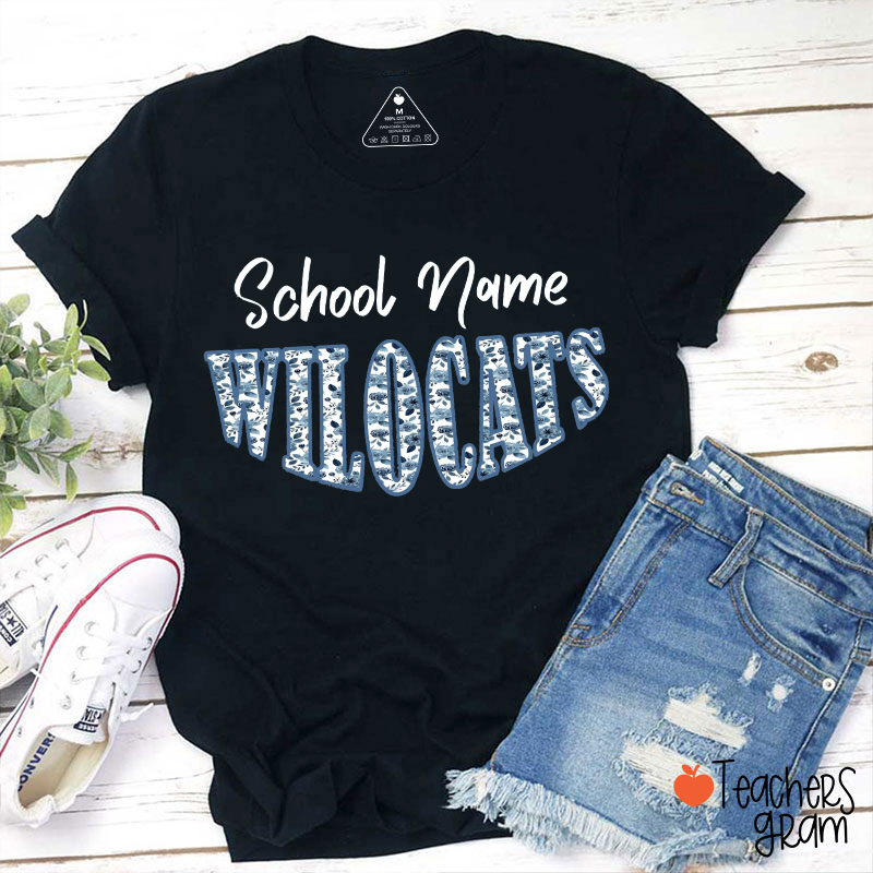 Personalized School Name Blue Floral Teacher T-Shirt