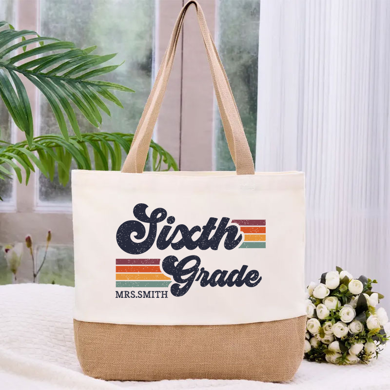 Personalized Grade And Name Retro Horizontal Stripes Teacher Canvas Tote Bag