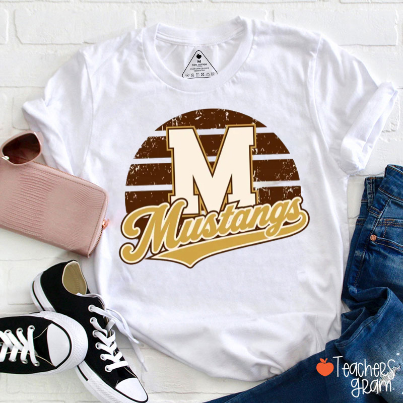 Personalized Mascot Name And Color Retro Striped Circle Initial Teacher T-Shirt
