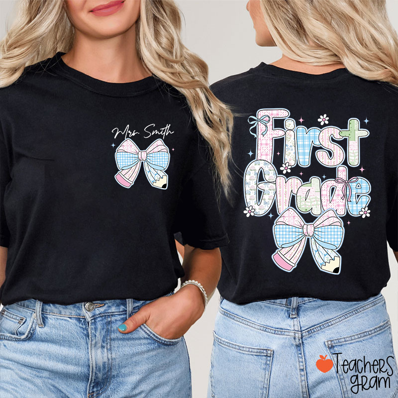 Personalized Pencil Bow Blue Various Colors Teacher Two Sided T-Shirt