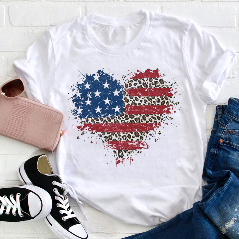 American Flag Leopard Teacher T-Shirt