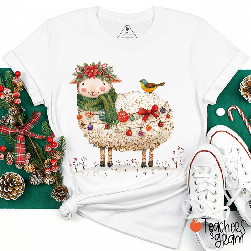 Christmas Sheep With Bird Teacher T-Shirt