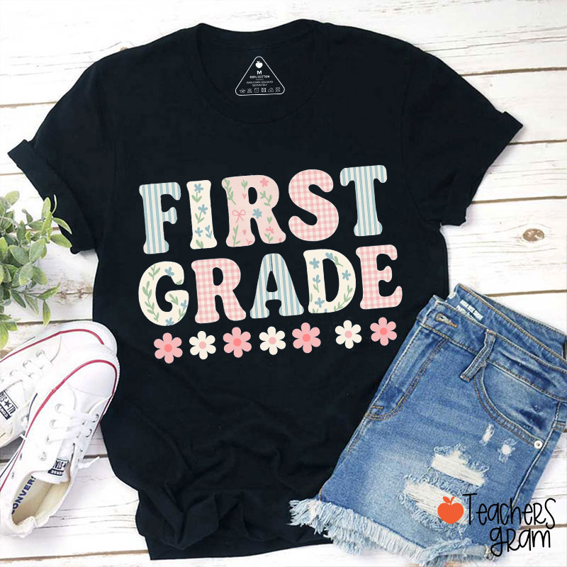 Personalized Grade Floral Vertical Stripes Teacher T-Shirt