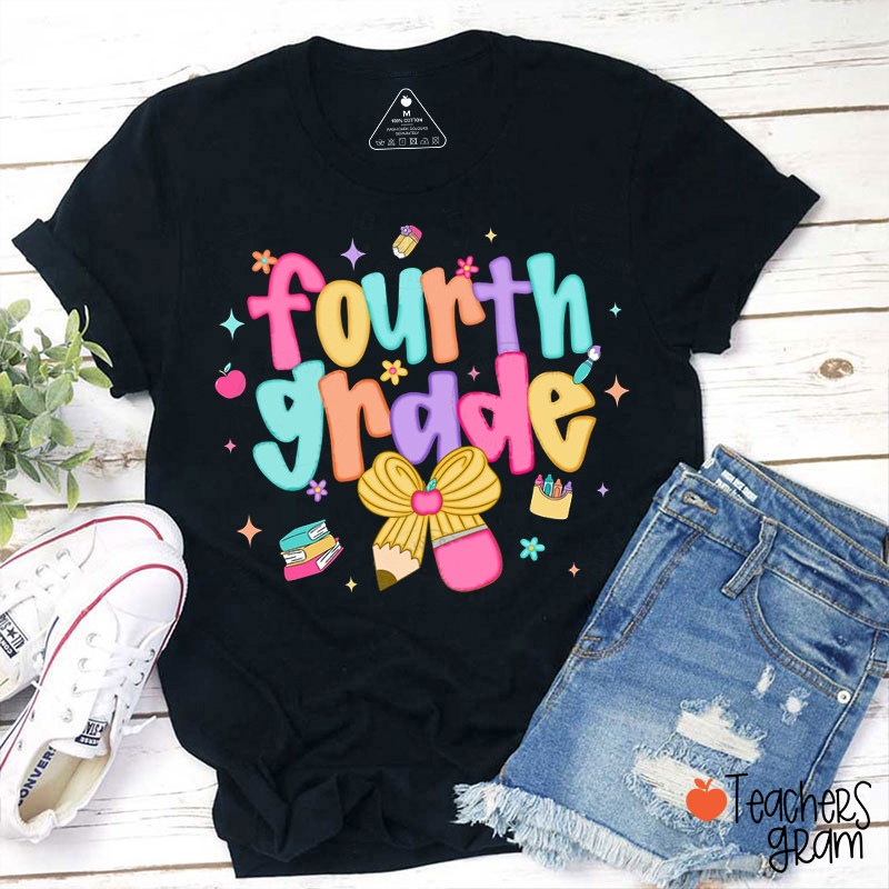 Personalized Grade Pencil Bow Candy Color Fonts Teacher T-Shirt