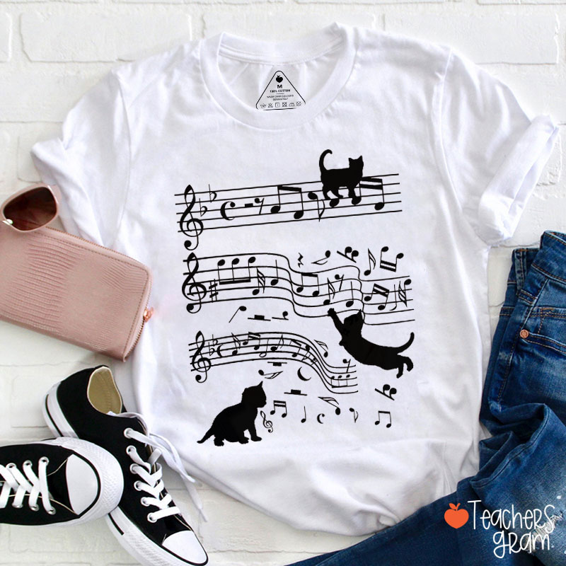Cute Cats Playing Music Notes Teacher T-Shirt