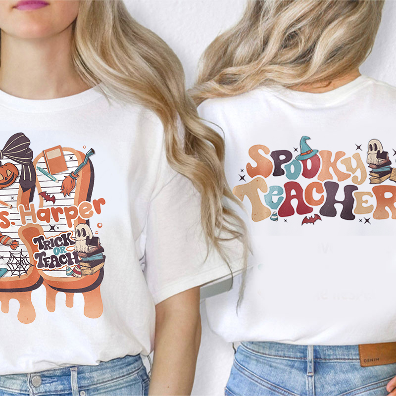 Personalized Name Initials Design Spooky Teacher Two Sided T-Shirt