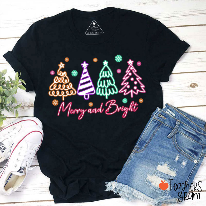 Neon Christmas Tree Merry Christmas Teacher T-Shirt
