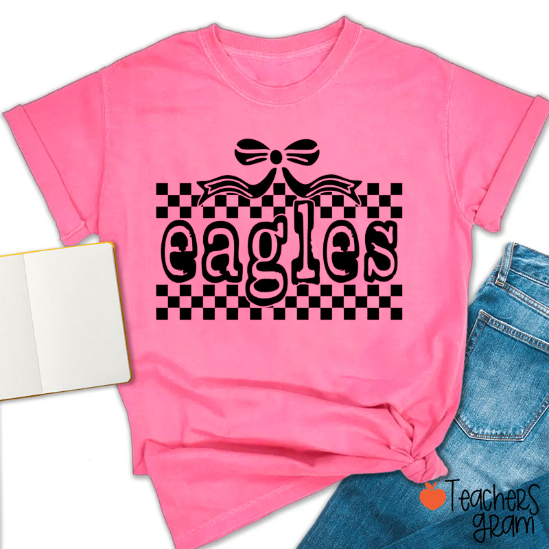 Personalized Mascot Checkered Bow School Spirit Teacher T-Shirt