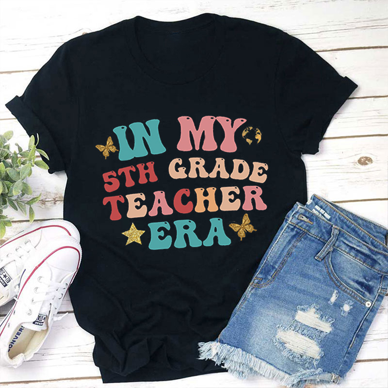 Personalized Grade Gold Butterfly Print Teacher T-Shirt