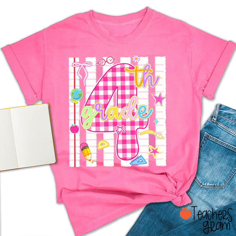 Personalized Notebook Style Pink Checkered Teacher T-Shirt