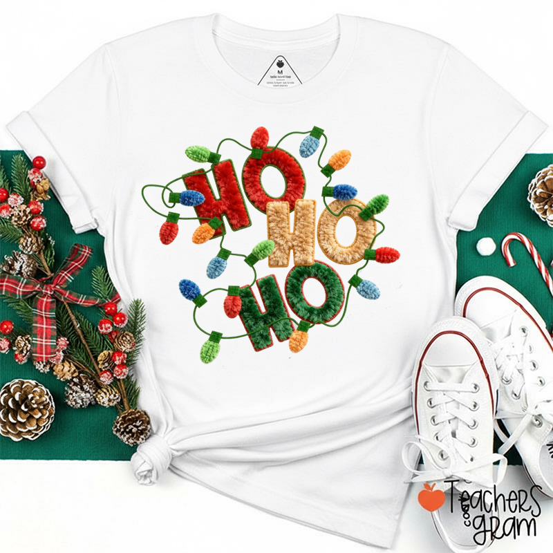 Faux Yarn Ho Ho Ho Christmas Lights Teacher T-Shirt