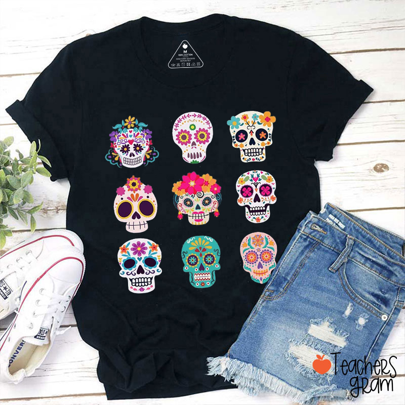 Day Of The Dead Sugar Skull Flower Teacher T-Shirt