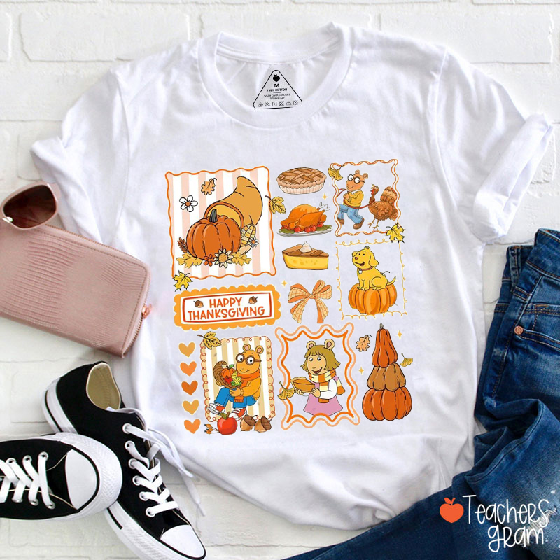 Happy Thanksgiving Cartoon Character Teacher T-Shirt