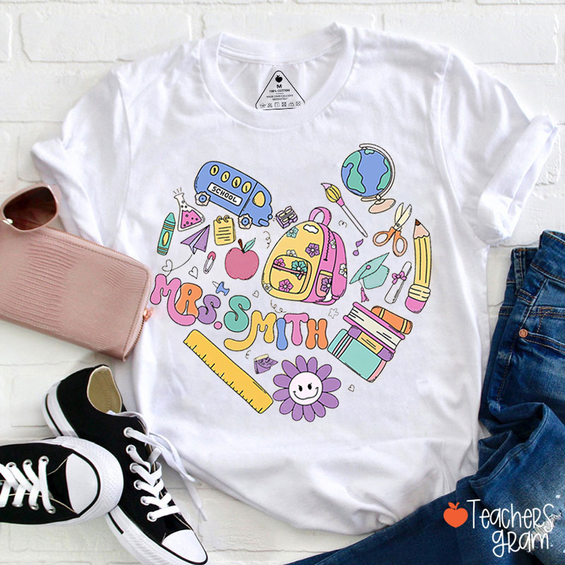 Personalized Teacher's Name Cute School Supplies Icons Teacher T-Shirt