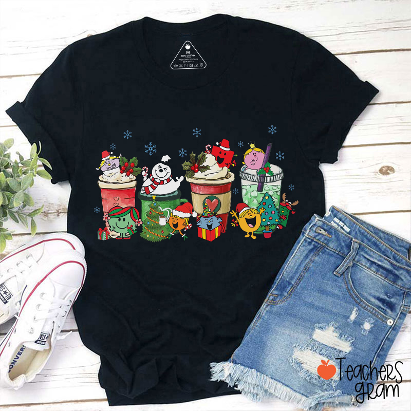 Coffee Hot Cocoa Cute Cartoon Character Christmas Teacher T-Shirt