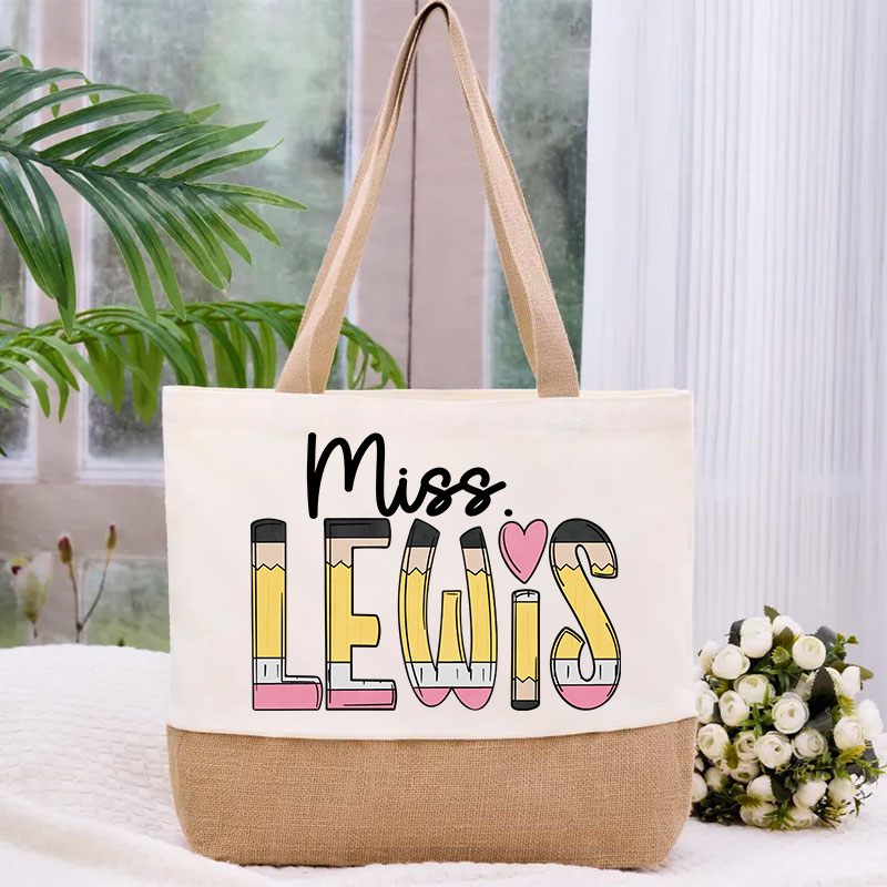 Personalized Pencil Name Teacher Canvas Tote Bag