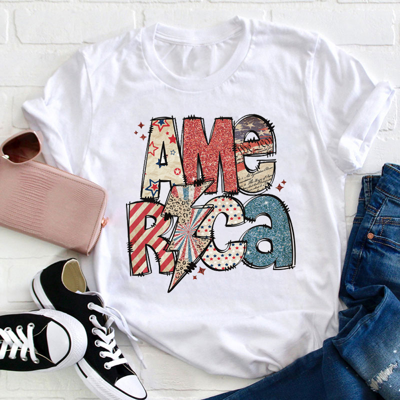 Retro Style 4th of July America  Teacher T-Shirt