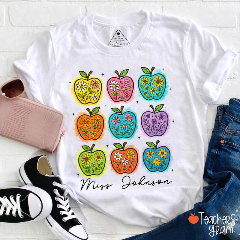Personalized Name Flower Apple Teacher T-Shirt