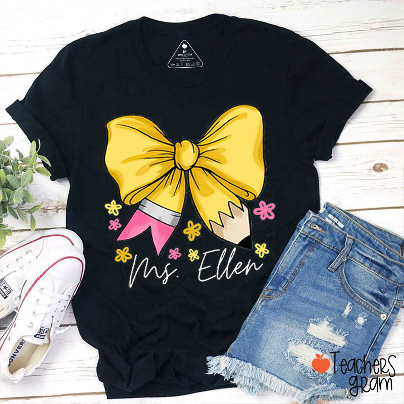 Personalized Name Pencil Bow Teacher T-Shirt