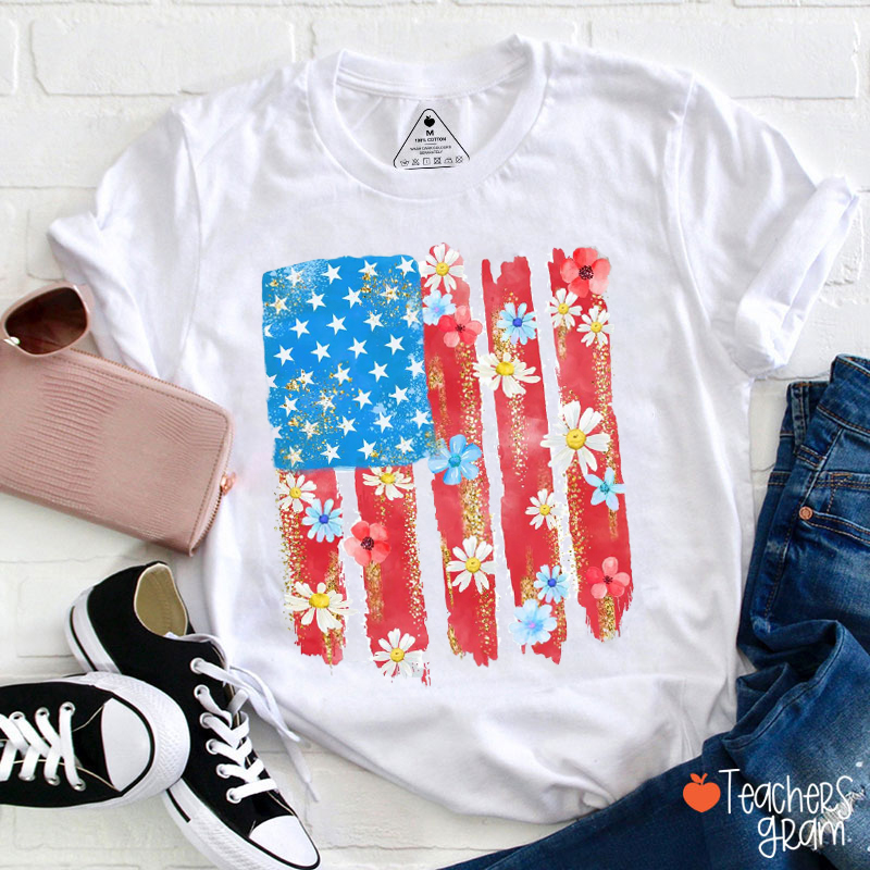 Flower Brushstroke America Flag Teacher T-Shirt