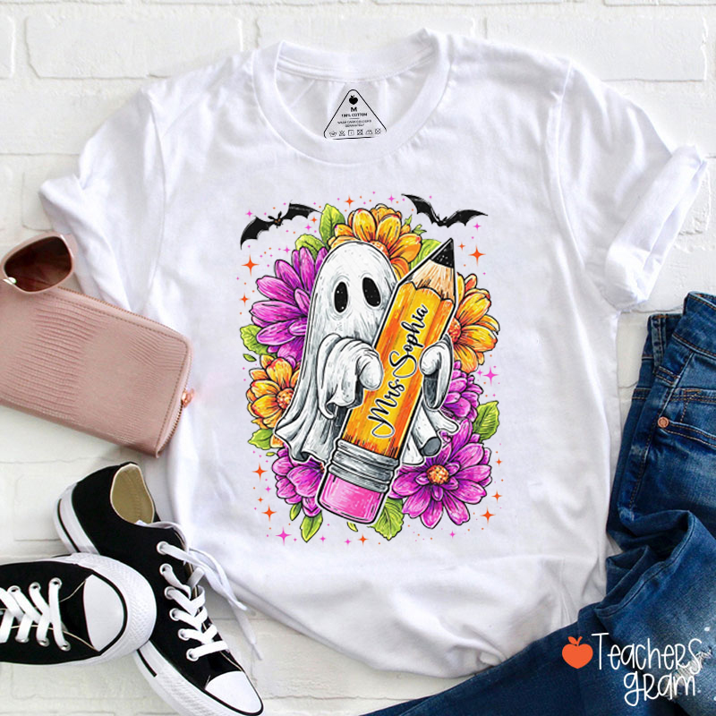 Personalized Name Flowers Ghost Pencil Teacher T-Shirt