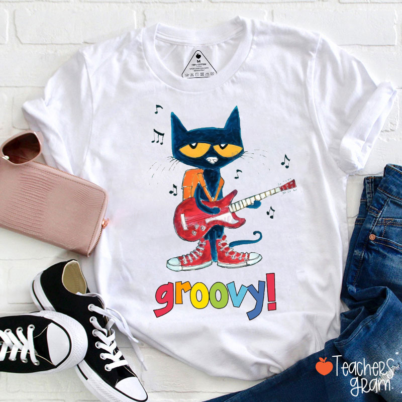 Blue Cat Groovy Teacher T-Shirt