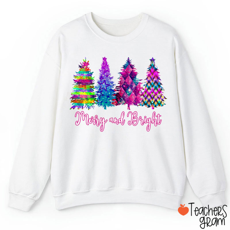 Merry And Bright Colorful Christmas Tree Teacher Sweatshirt