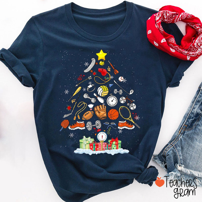 Sports Icons Christmas Tree Teacher T-Shirt