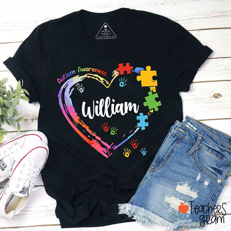 Personalized Name Autism Heart Color Teacher T-Shirt