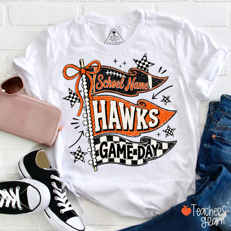 Personalized Mascot School Name Sport Checkered Pennant Bow Game Day Teacher T-Shirt