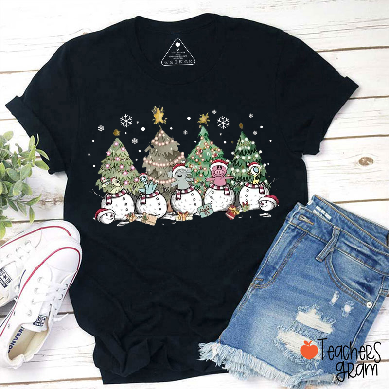 Christmas Tree Snowman Cartoon Character Teacher T-Shirt