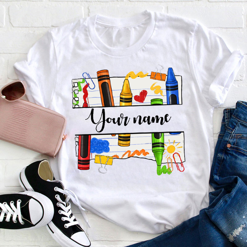 Personalized Notebook And Crayons Name Teacher T-Shirt