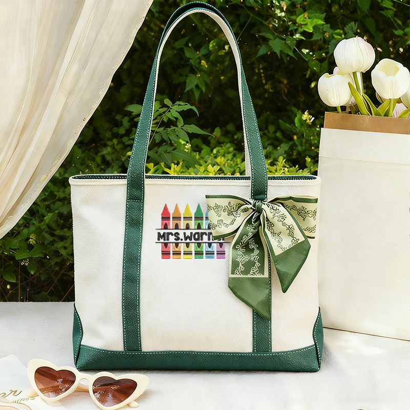 Personalized Name Colorful Crayons Teacher Canvas Tote Bag