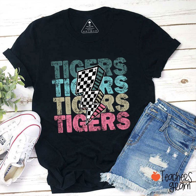 Personalized Mascot Retro Distressed Checkerboard Lightning Teacher T-Shirt
