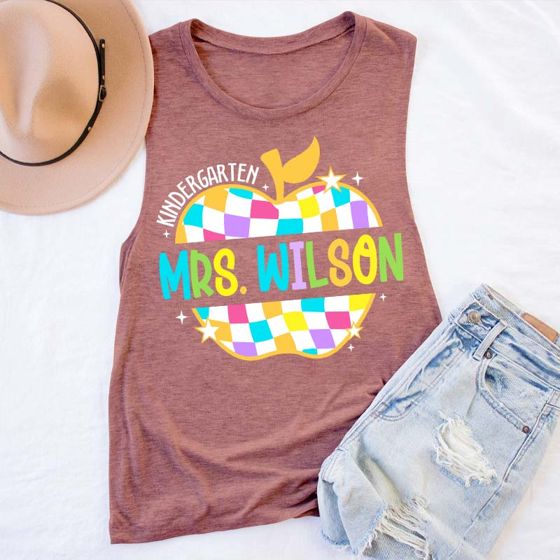 Personalized Colorful Checkerboard Hollow Apple Teacher Tank Top
