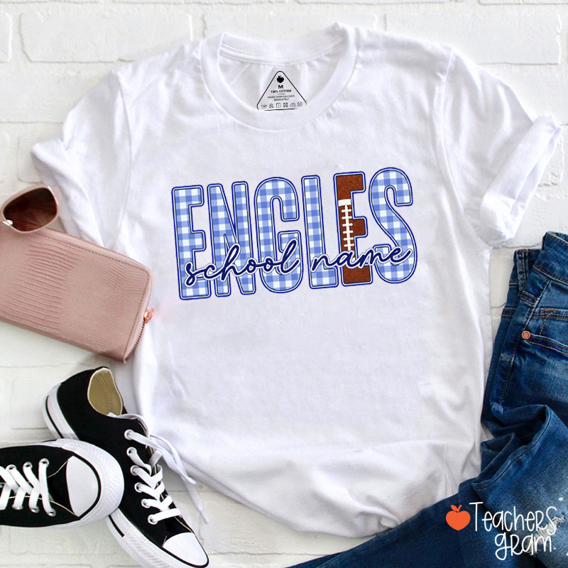 Personalized Mascot And School Name Gingham Football Graphic Teacher T‑Shirt