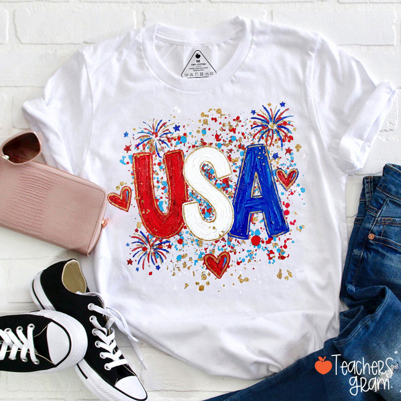 USA Splatter Independence Day Teacher T-Shirt