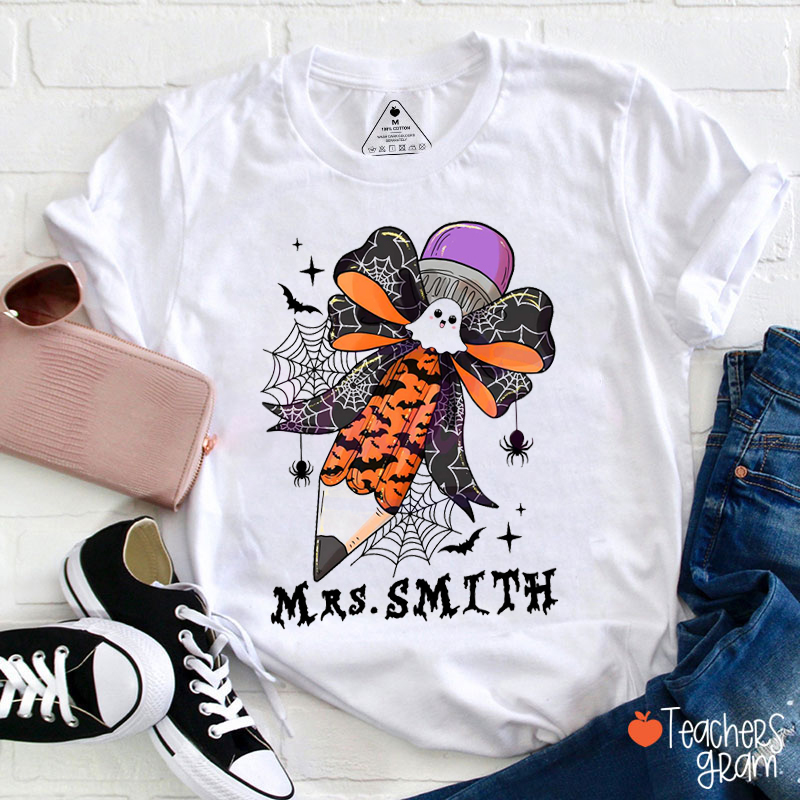 Personalized Name Halloween Bow Pencil Teacher T-Shirt