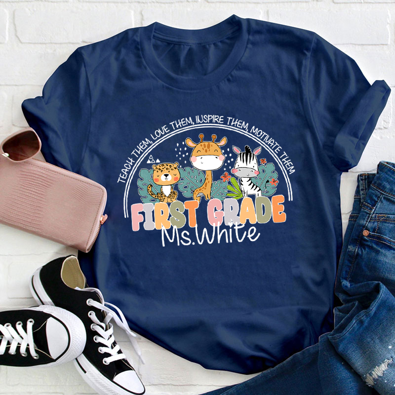 Personalized Name And Grade Cute Animals Teacher T-Shirt