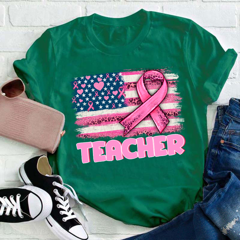 Personalized American Flag With Pink Ribbon Teacher T-Shirt