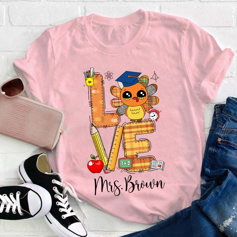 Personalized Name Thankful Cute Turkey Teacher T-Shirt