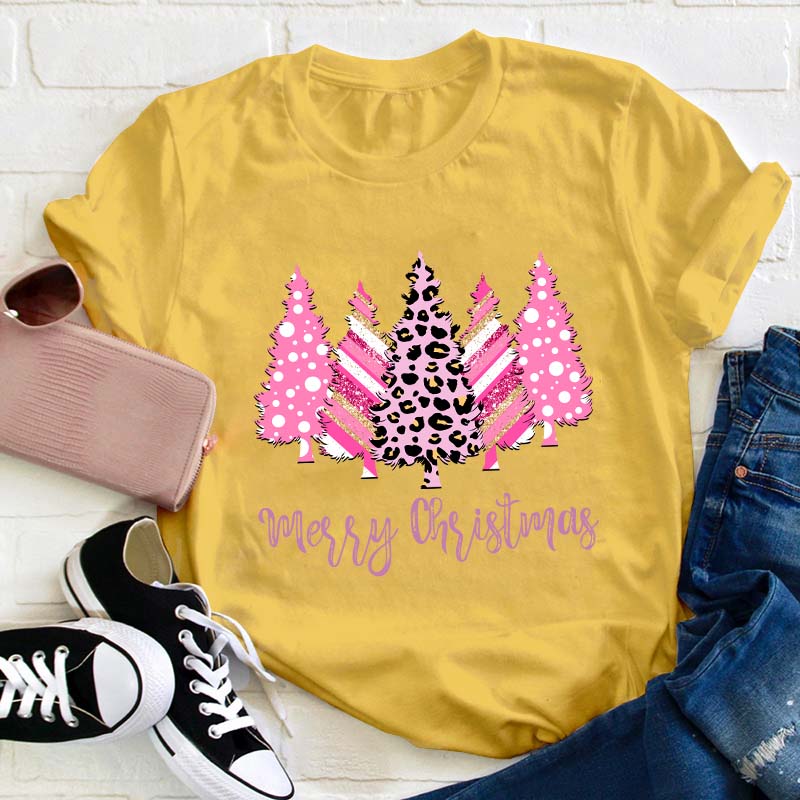 Merry Christmas Pink Christmas Trees Teacher T-Shirt