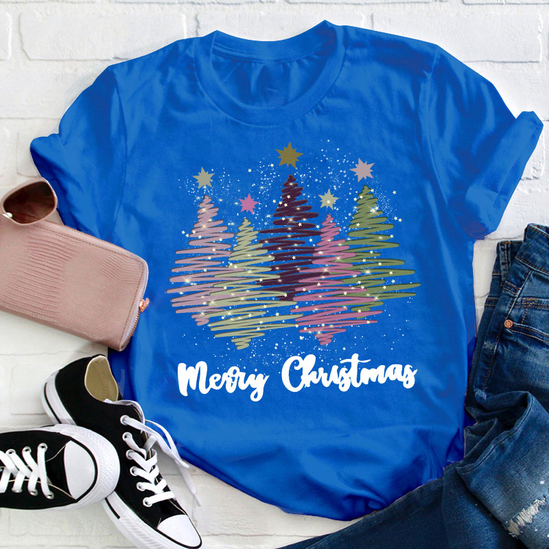 Merry Christmas Colorful Trees Teacher T-Shirt